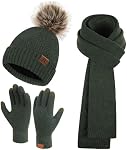 Womens Winter Warm Knit Beanie Hat Long Scarf Touchscreen Gloves Set with Fleece Pom Cap Gifts for Women