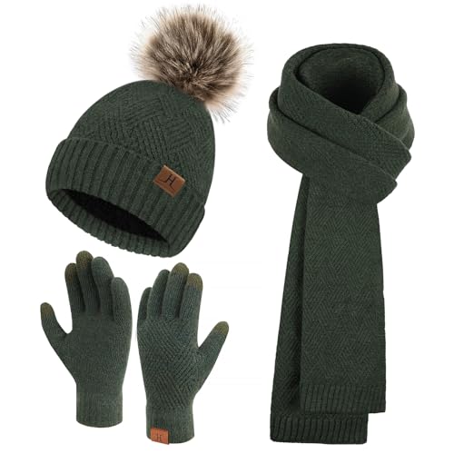Bequemer Laden Mujer Invierno Gorro Beanie Pompon Bufanda Larga Guantes Tactiles Conjunto Tejido Gorros con Forro Polar Termico, Ejercito Verde
