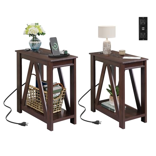 Image of WLIVE End Tables Living Room Set of 2 with Charging Station, Sofa Side Tables with Open Storage Shelf, Slim Farmhouse End Table Sets, Espresso