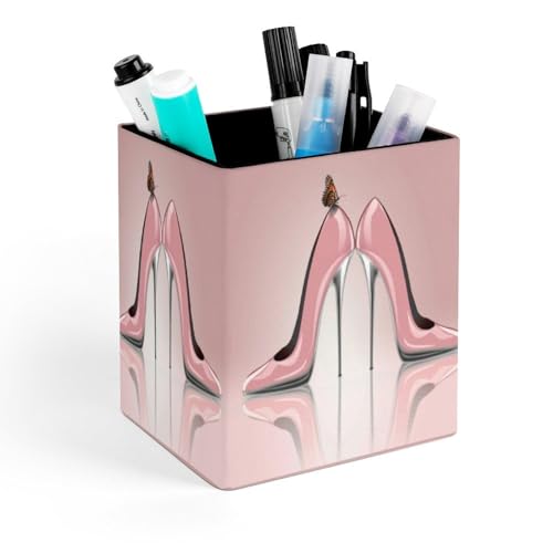 Quteprint Soporte cuadrado para lápices, zapatos de tacón alto rosa, soporte para bolígrafos de mariposa para escritorio, organizador de bolígrafos de oficina, accesorios de escritorio, soporte para