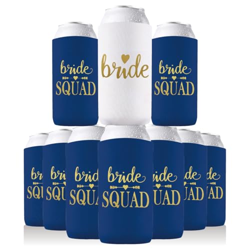 Image of PartyGifts&Beyond Bridesmaid Gifts Can Cooler 10Packs Bachelorette Party Decorations Slim Can Cooler Bride Squad Can Sleeves(Nvay Blue)