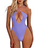HYPERFIRE Women's Sexy Criss Cross Halter Bathing Suit Cut Out Backless Monokini Swimsuits One Piece Purple X-Small