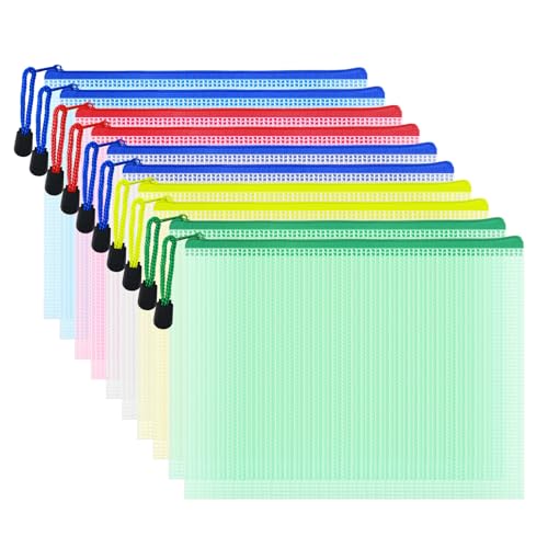 AUSTARK 10 Pcs Zipper File Bags, Waterproof Plastic Mesh Pouch for Office School, Board Game Storage Bags (A5 Size 9.2''x6.7'', Multicolored)