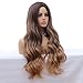 Brown Ombre Wig 28 Inch Long Wavy Wig Soft Dark Warm Brown Roots Mixed Ash Blonde Curly Hair for Women Glueless Long Wave Synthetic Wig Free Wig Cap Cosplay Halloween Wig