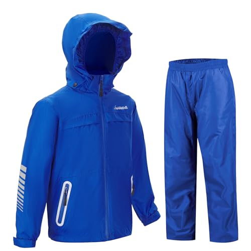 SWISSWELL Kids Rain Gear Boys Girls Youth Waterproof Rain Suit Breathable Reflective Raincoat and Pants Blue 8-10 Years