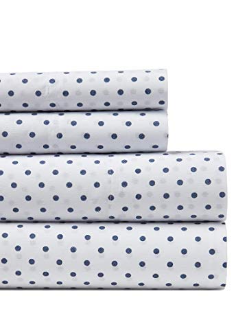 Tommy Hilfiger Chambray Dot Sheet Set, Queen, White Blue