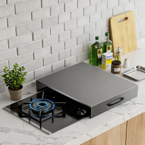 Stove Top Cover Gas Stove Bracket Carbon Steel Gas Cover Plate With Handles for Compact Kitchens, Prep Areas, Apartments, Easy to Clean(Grey,L15.75xW19.69xH3.54IN)