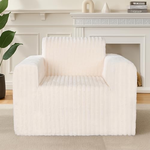 lilanoon Giant Bean Bag Chair for Adults, Non-Slip Floor Sofa with High Backrest & Wider Armrest, Upgrade Whole Sponge Bean Bag Sofa Couch for Bedroom Living Room(Large,Beige,Stripe Plush)