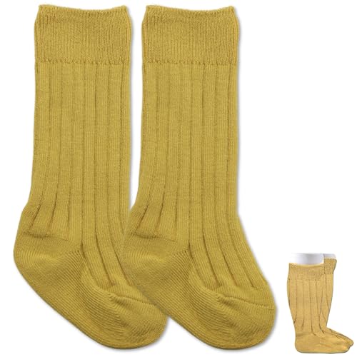 Calcetines Altos de Algodón para Bebé, Calcetas Largas, Medias Largas de Algodón para Bebé, Talla S, Longitud suela 8 cm, Altura de 15 cm (FR/ES, Edad, 0 meses, 12 meses, Amarillo)