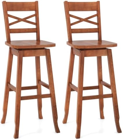 COSTWAY 30-Inch Bar Height Stool Set of 2, Rubber Wood Swivel Bar Stool with Inclined Backrest, Curved Seat & Footrest, Bar Chair for Kitchen Island & Pub (2, Walnut)