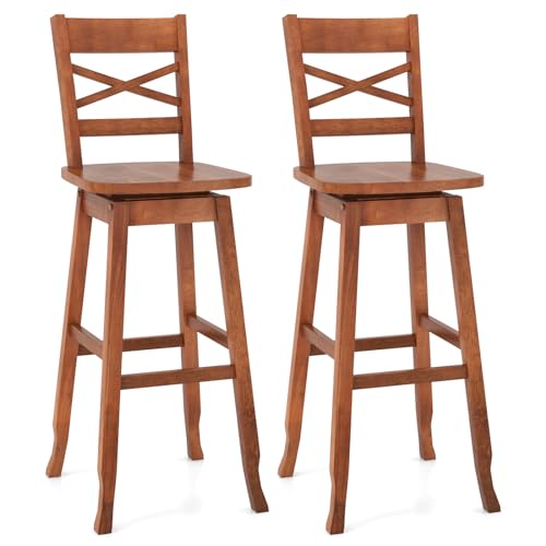 COSTWAY 30-Inch Bar Height Stool Set of 2, Rubber Wood Swivel Bar Stool with Inclined Backrest, Curved Seat & Footrest, Bar Chair for Kitchen Island & Pub (2, Walnut)
