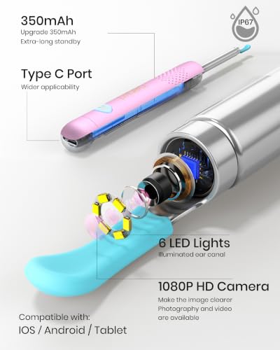 Image of BEBIRD R1 Wax Removal Tool for Ear - Spade Ear Canal Cleaner with Camera 1080P Earscope, Wax Remove Ear Picker with Vari Replacement Tips, Camera with 6LED Light, Pink