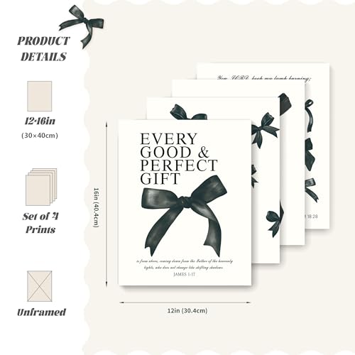 Image of LARTSFRO Coquette Black Bow Bible Wall Art Decor Posters, Black Bow Room Bedroom Bathroom Dorm Wall Art Decor Aesthetic for Teen Girls Gifts, Inspirational Bible Verses Bow Wall Decor, 12x16 Inch Set of 4 Pcs Bow Pictures (UNFRAMED)
