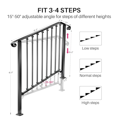 Redlife Hand Rails for Outdoor Steps, Fit 3 or 4 Steps Outdoor Stair Railing, Exterior Handrails for Concrete Steps, Adjustable Hand Rails for Deck Porch, Wrought Iron Handrail (3-4 Steps) - Thumbnail 5