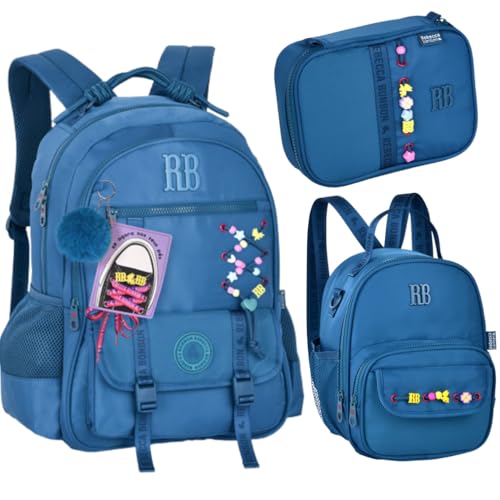 Kit Rebecca Bonbon Azul Petróleo Mochila Escolar Costas Feminina com Lancheira 2 em 1 e Estojo para 36 lápis, Poliéster, 3 Peças