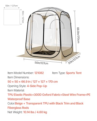 VEVOR Pop Up Sports Tent, 50x50x66.9 Instant Weather Proof Clear Tent for 2 Person, Portable Foldable Dome Shelter with Removable Floor Mat & Top Cover, for Watching Sports Events, Camping, Fishing - Image 7