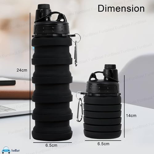 Image of FunBlast Silicone Sipper Bottle - 500 ML, Expandable Water Bottle for Home, Office, Gym, Trekking, BPA Free Food-Grade Collapsible Leak Proof Portable Travel Water Bottle (Black)