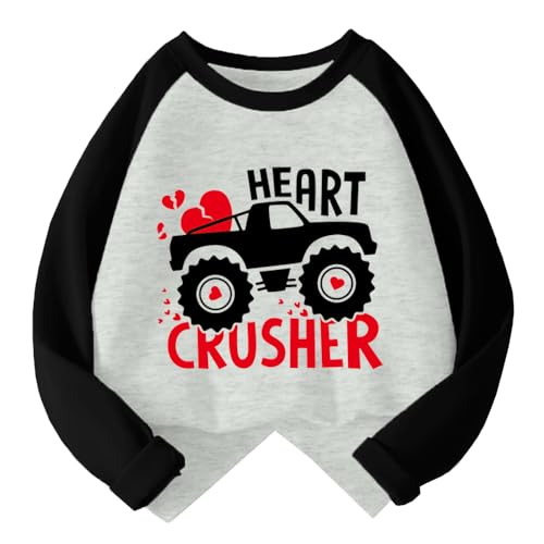 XFSJGNA Heart Shirt 5t Valentines Day Boys Girls Valentine's Monster Truck Graphic Tees Raglan Toddler Kids Long Sleeve Tops Black