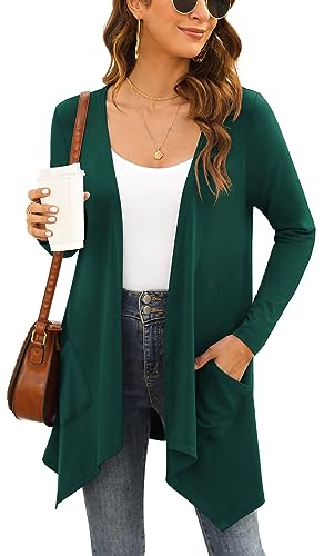 Yommay Strickjacken für Damen Elegante Langarm Damen Lässig Licht Cardigan High Low Saum mit Taschen,Dunkelgrün,Groß