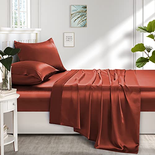 Image of Lanest Housing Silk Satin Sheets, Twin XL Size Satin Bed Sheet Set with Deep Pockets, Cooling Soft and Hypoallergenic Satin Sheets Twin XL - Burnt Orange