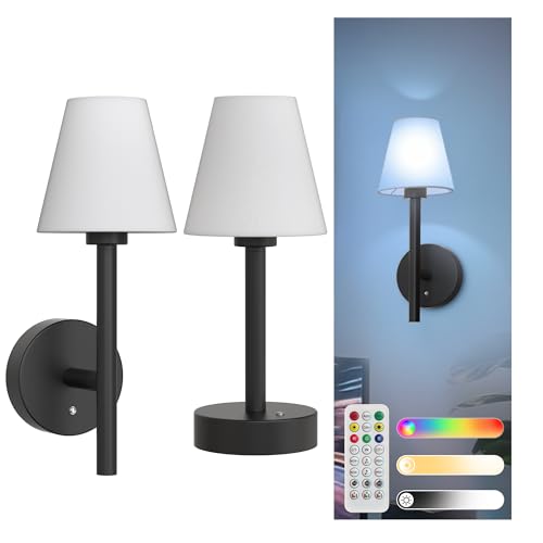 Image of L LOHAS LED Battery Operated Wall Sconce & Table Lamp Set of 2, 10000mAh Battery Powered Dimmable Wall Lamp with App, 15 DIY Color, Wireless Sconces Wall Decor for Living Room, Bedroom, Black