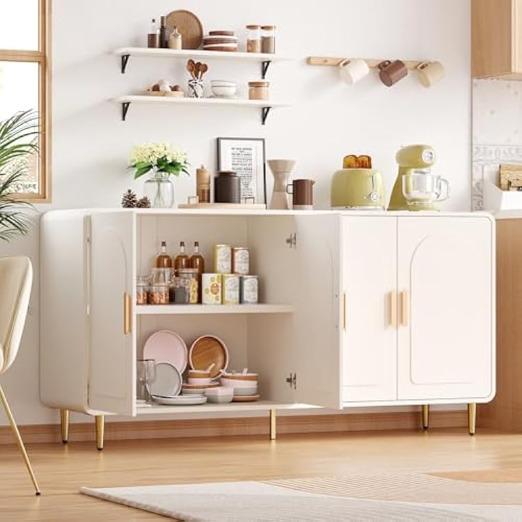 ONBRILL 60 Sideboard Buffet Cabinet, Large Credenza Storage Cabinet, Modern Console Table with Doors and Shelves, White Coffee Bar for Living Dining Room Kitchen Hallway