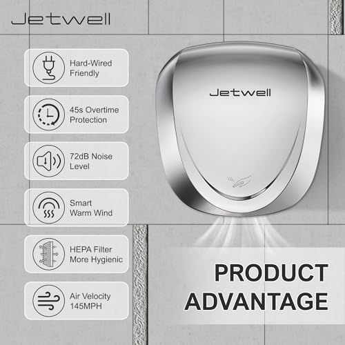 JETWELL 2Pack UL Approved Power Commercial Hand Dryer, HEPA Filter High Speed Automatic Warm Wind Stainless Steel Cover AC110V-130V