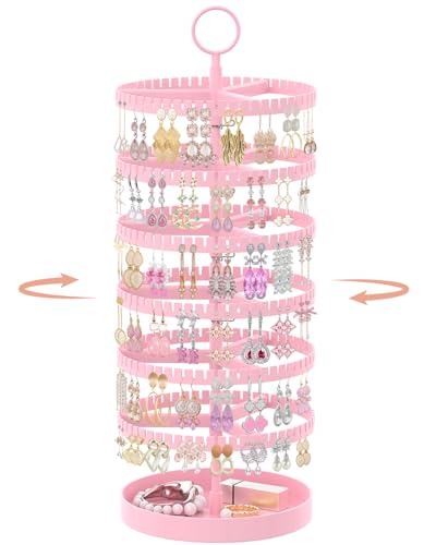 iDavosic.ly 6 Tier Rotating Earring Holder Organizer with Metal Tray, Adjustable Plastic Earring Display Stands Tree with 342 Grooves, Large Earring Storage Rack Tower for Hoop Dangle, Pink