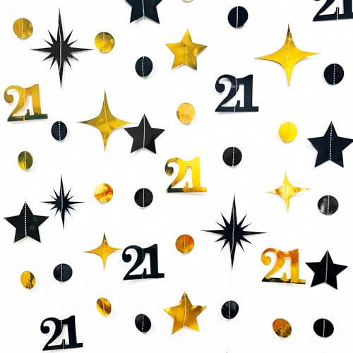 Image of Black Gold 21st Birthday Decorations Number 21 Circle Dot Twinkle Star Garland Hanging Streamer Banner Backdrop for Girls Boys Cheers to 21 Years Finally Legal Bday 21st Anniversary Party Supplies