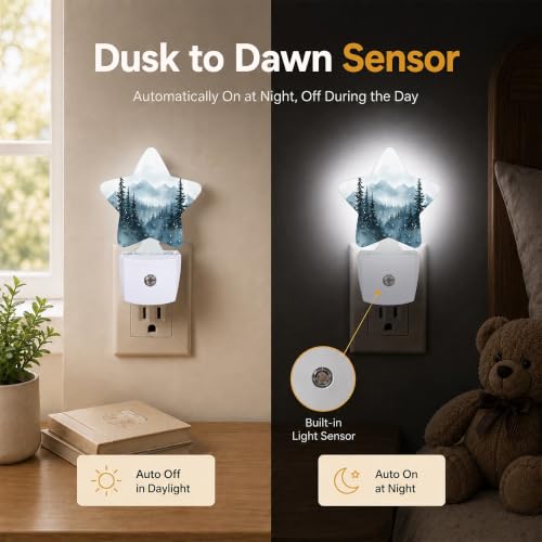 Image of Winter Forest Star Night Light Plug in, Decorative Night Light for Kids Room Nursery Bedroom, Soft Glow Sensor Lamp for Hallway Bathroom, Compact Energy Saving