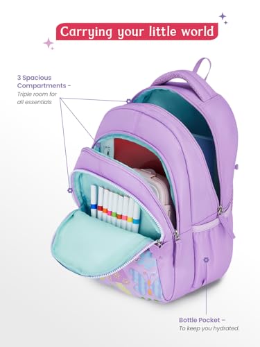 Image of Genie Doddle School Backpack For Girls |15 Inch-20 Litres With Three Compartments, Light Weight with Padded Shoulders |Best for Books, Water Bottles, Stationery, Lunch Box & Essentials - Lavender