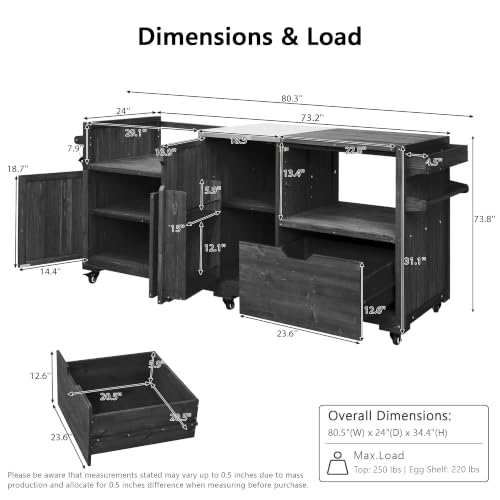Image of Merax 80.5 inch Outdoor Kitchen Island for Big Green Egg& Blackstone Griddle, Solid Wood Grill Cart Table with Stainless Steel Top, Drawer for Large Big Green Egg and 21 inch /28 inch Blackstone Griddle, Black