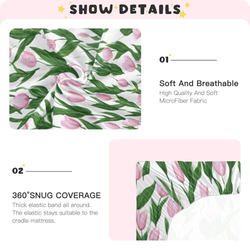 Image of Crib Sheet Breathable Soft Crib Mattress Sheet for Baby Toddler Boys Girls Fitted Crib Sheet Fit Standard Crib Mattress 39 x 27 Inch Small Tulips Pink
