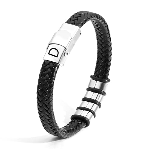 SAMINO Cuero Negro 26 Pulseras de Acero Inoxidable de Primera Letras Para Hombres Pulseras Colgantes de Letra A - Z Tejidas Pulseras Regalos Para Marido Padre Hijo Novio Tío (D)