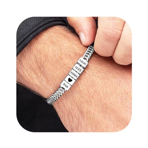 Fathers Day Custom Men Bracelet for Dad with Kids Name & Beads, Handmade Personalized Engraved Name Bracelet with Hip Hop Chain Personalized Family Gift for Husband,Grandpa from Daughter Son (5 Beads)