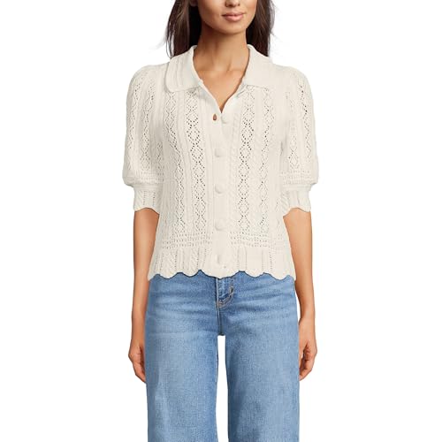 Lands' End Women's Lace Pointelle Puff Sleeve Cardigan Sweater Medium Fresh Ivory