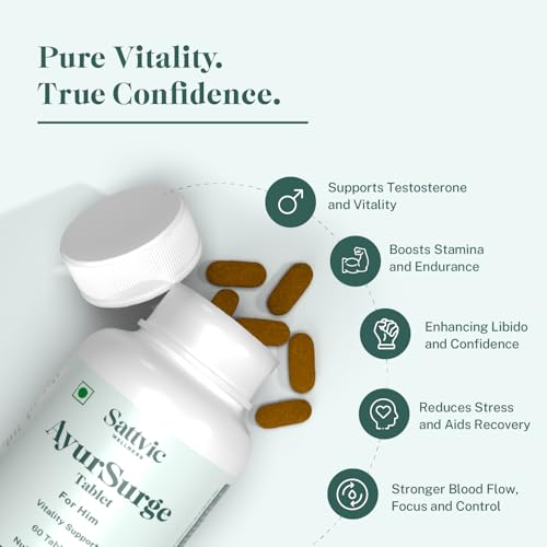 Image of AyurSurge by Sattvic Wellness | Testosterone Support | Male Vitality Supplement | 11 Key Ingredients in Each 1.28g Tablet - L-Citrulline, Ashwagandha, Safed Musli, Gokshura, Panax Ginseng, Krounchbeej, Methi, Vidarikhand, Magnesium, Zinc and Saffron | Boosts Stamina, Energy & Confidence | 60 Tablets