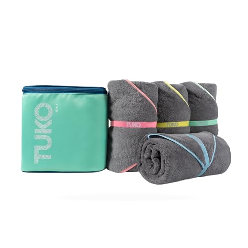 MISSION Tuko Microfiber Beach Towels 4 Pack Quick Dry Pool Towel Set with Water Resistant Carrying Case Lightweight Sand Resistant Travel Essential for Boat Swim and Beach 60 x 30