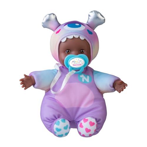 Nenuco Monster Friends Purple, Mini Muñecos Bebé Monstruitos de 15 cm, Cuerpo Blandito y Vestido con un Diseño de Color Morado Pastel, Chupete Personalizado, Colecciona los Modelos, Famosa (NFNB1400)