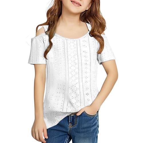 Teen Girls Cold Shoulder Knit T Shirts Crewneck Cutouts Short Sleeve Tunics Blouses Summer Breathable Cold Casual Kids Tops