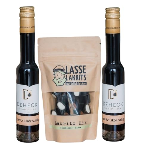 Lakritz Geschenk Set von Deheck | Premium Lakritze Geschenkset mit Lakritzlikör & Süßigkeit | 2x Lakritz-Likör salzig (20% vol.) + leckere LASSE Lakritzmischung