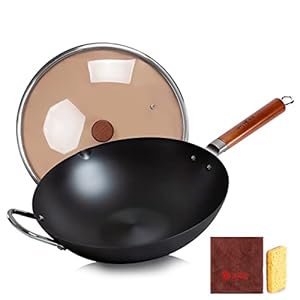 WANGYUANJI Carbon Steel Wok,14.2″ Wok Pan with Lid, Woks & Stir-Fry Pans No Chemical Coated Wok for Induction, Electric, Gas, Halogen All Stoves-Practical Gift Flat Bottom Iron Wok