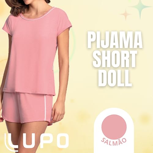 Pijama Short Doll Lupo 100% Algodão Manga Curta Básico Feminino Adulto, Salmão, P