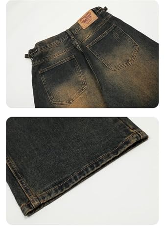 Men's American Style Jeans Washing Contrast Color Worn-Out Trousers Straight Wide Leg Denim Pant3