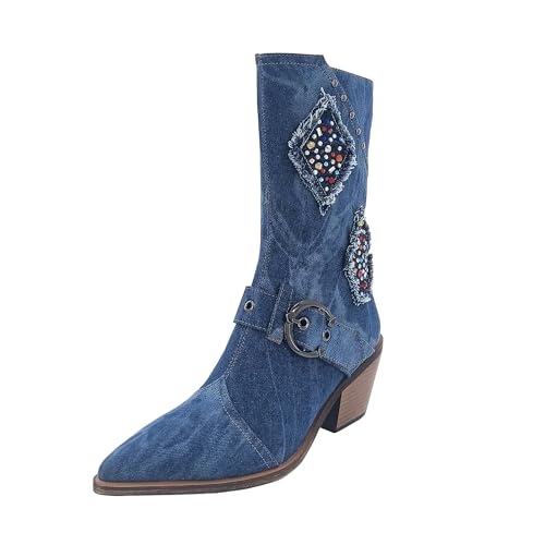 Denim Cowboy Boots for Women Western Boot Chunky Heels Wide Calf Cowgirl Mid Calf Boots