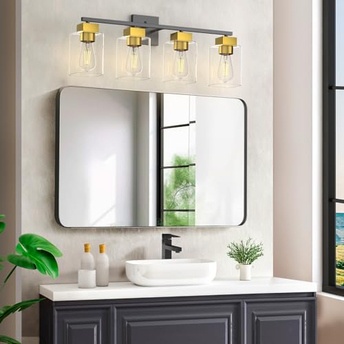 Image of 4 Light Bathroom Vanity Light - Black and Brushed Gold Bathroom Light Fixtures UL Certification, Square Light Fixture Over Mirror, Farmhouse Light Fixtures for Bathroom & Bedroom