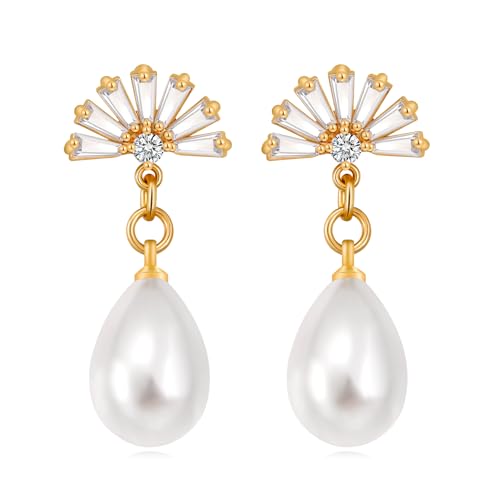 YKKZART Pearl Earrings 14k Gold Plated Teardrop Pearl Dangle Earrings Cute Art Deco Fan Earrings...