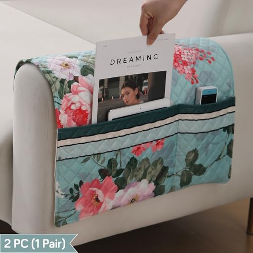 Image of HOKIPO 'LiefNest' Printed Holland Velvet Sofa Armrest Covers | 1 Pair | Fresh Floral Pastel Blue (IN-827-L-D3*2)