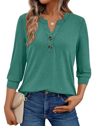 AUTOMET Womens Blouses Henley V Neck Shirts 3/4 Length Sleeve Summer Tops