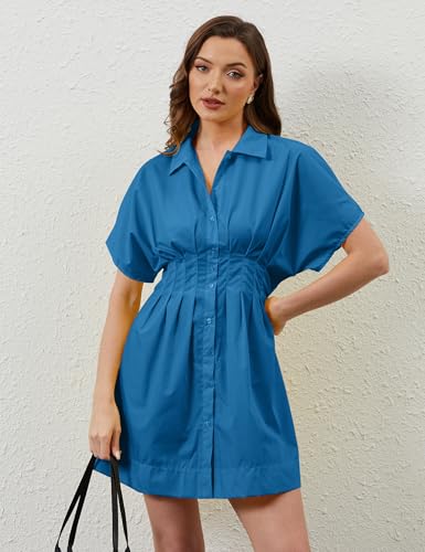 Image of calbatic Women Button Down Pleated Shirt Dress Striped Short Sleeve Summer Casual Business Flowy Mini Short Dress Dark Blue